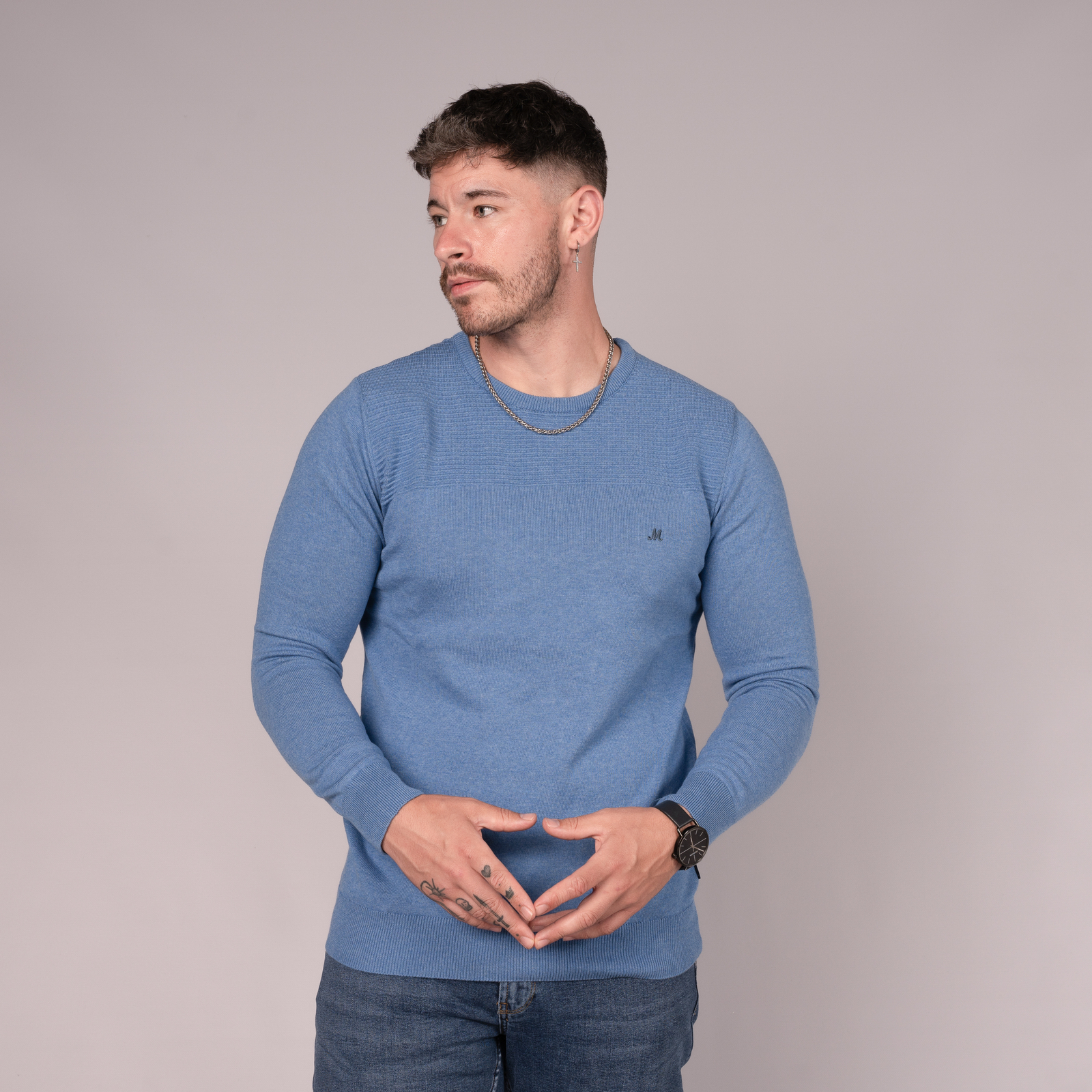 WAVERLEY KNIT PULLOVER - MID BLUE - Gasoline.ie