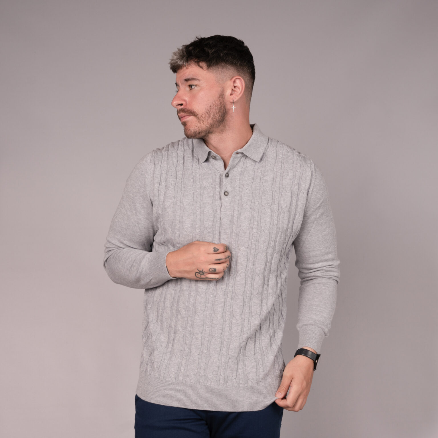 Crete Long Sleeve Knit Polo - Foam Grey