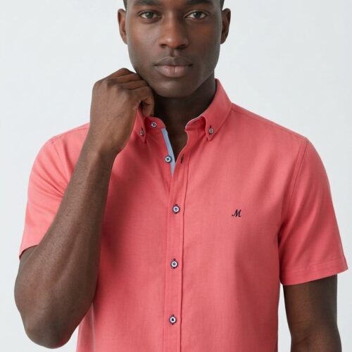 Men's Short Sleeve Coral Oxford Shirt - Andar Close Up