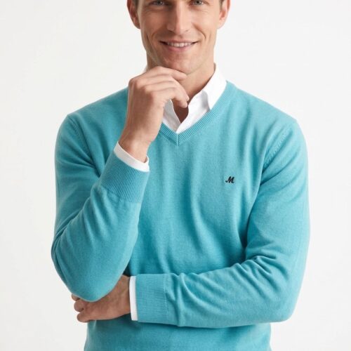 men's turquoise v-neck jumper - azenha