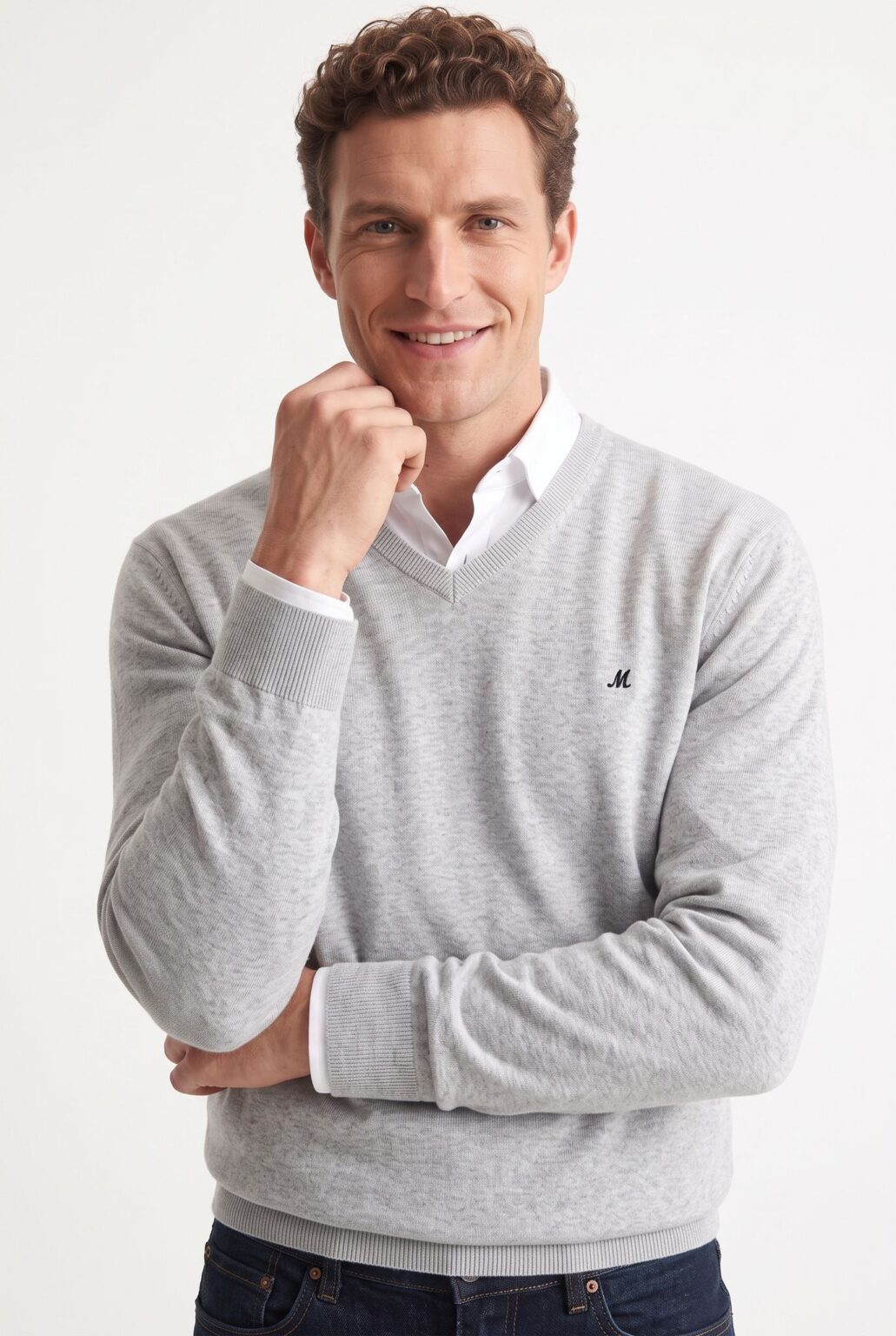 men's grey marl v-neck jumper - azenha