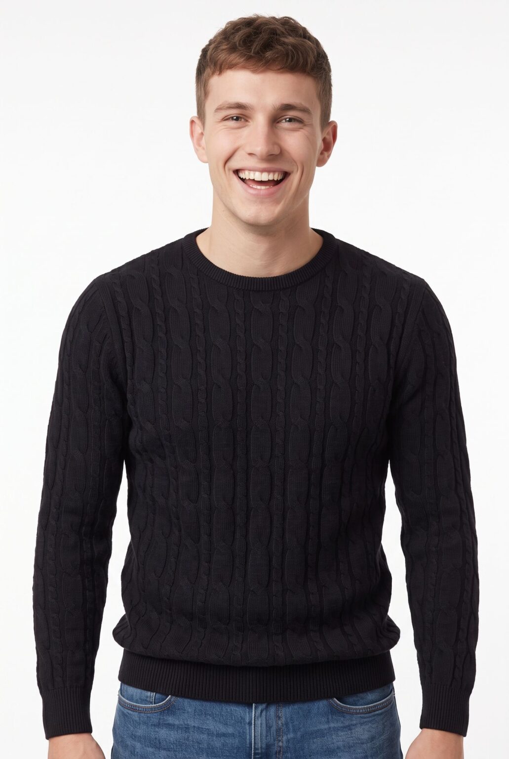 Men's Navy Cable Knit Crew Neck Top - Cinar Midnight