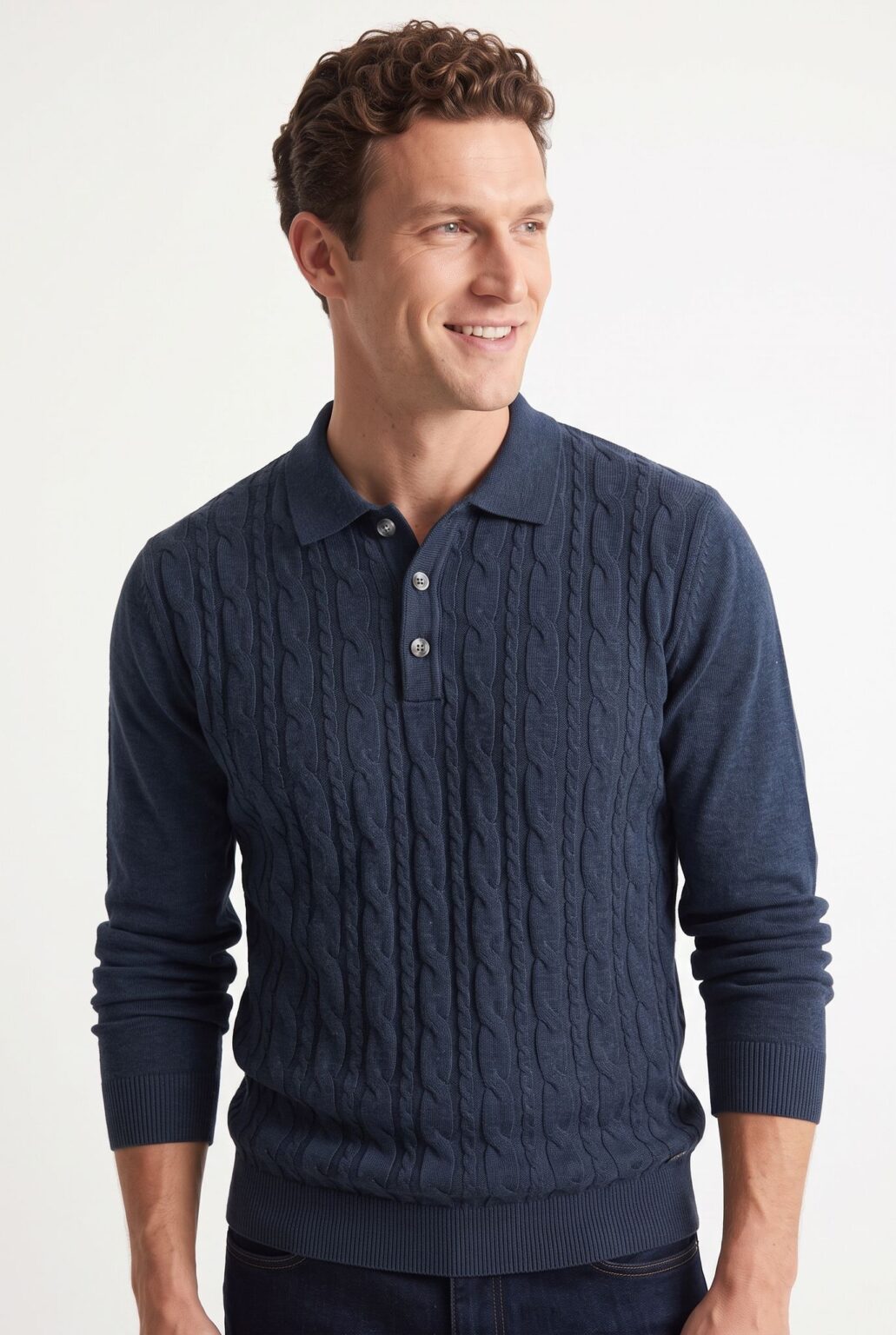 men's dark blue cable knit long sleeve polo - crete