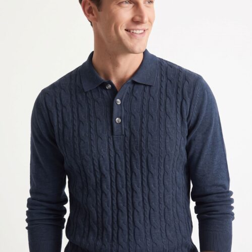 men's dark blue cable knit long sleeve polo - crete