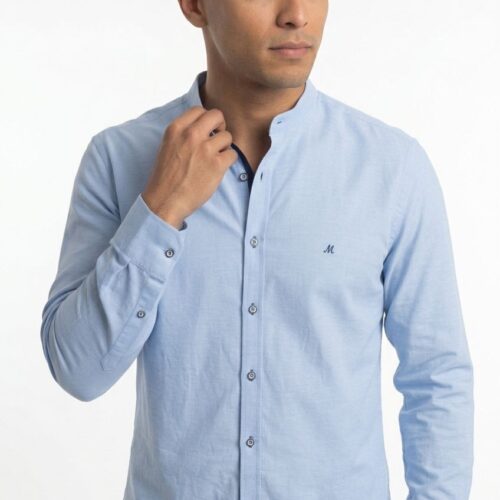 Men's Grandad Collar Blue Shirt