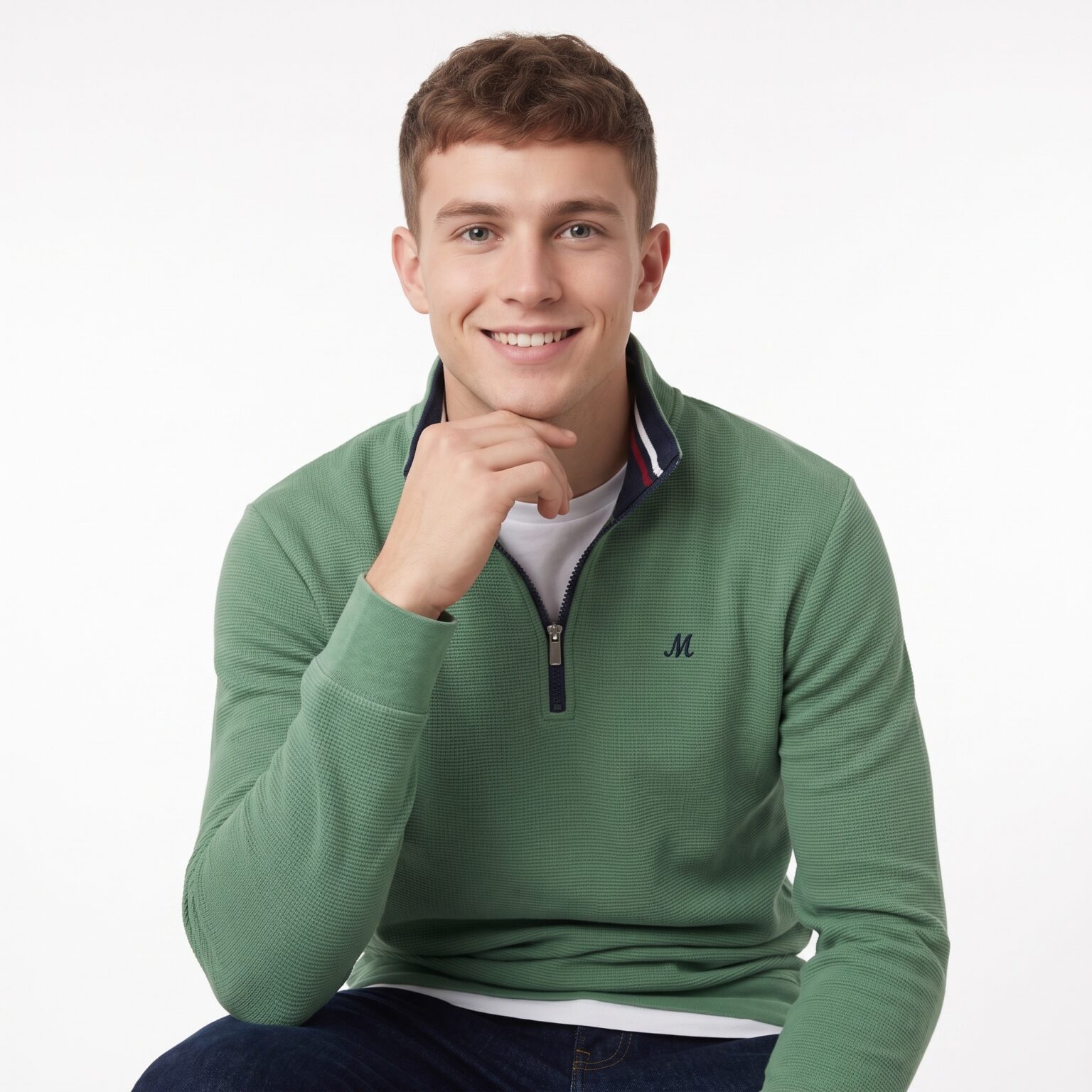 Men's Green Quarter-Zip Waffle Jumper - Brendan