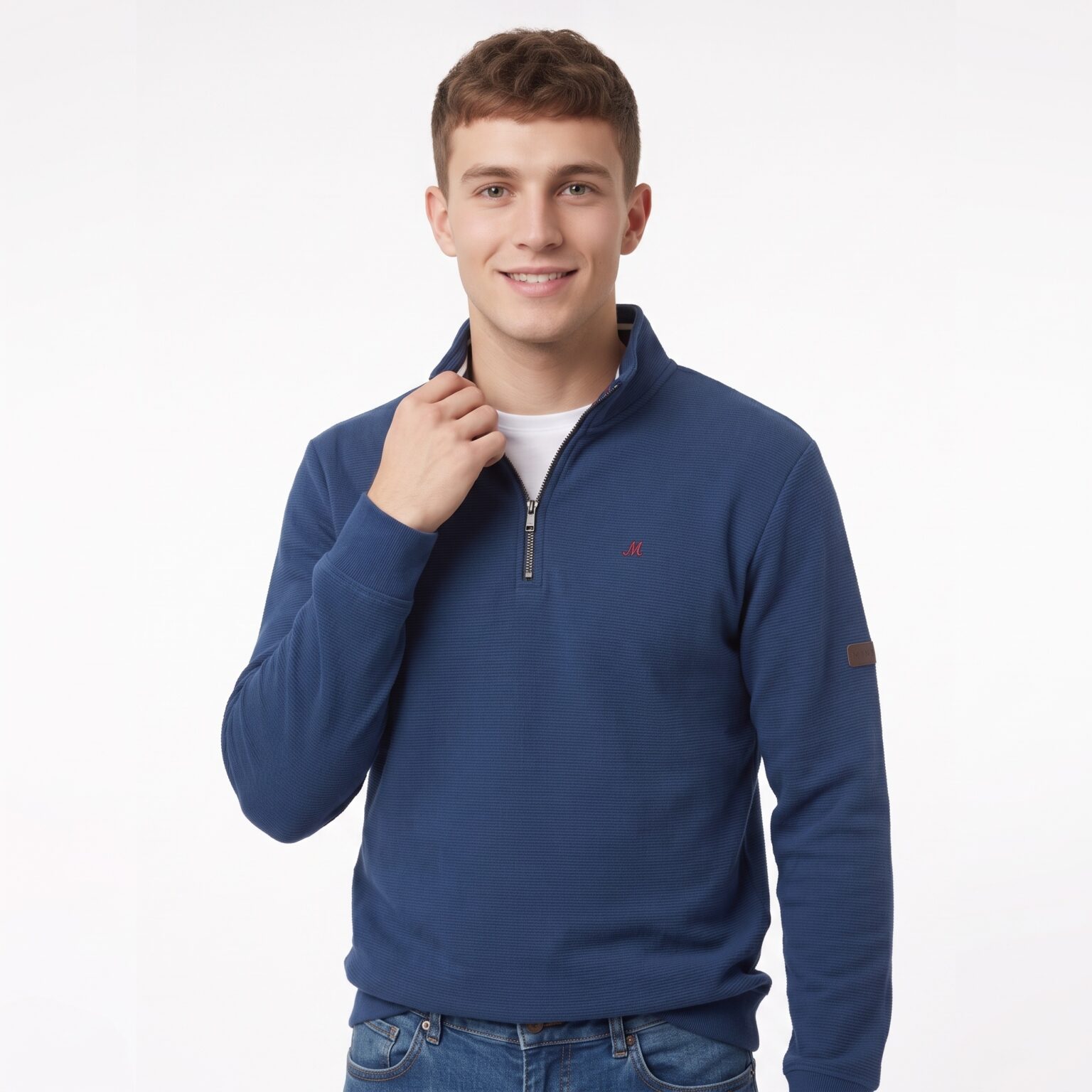 Men's Dark Denim Quarter-Zip Waffle Jumper - Brendan