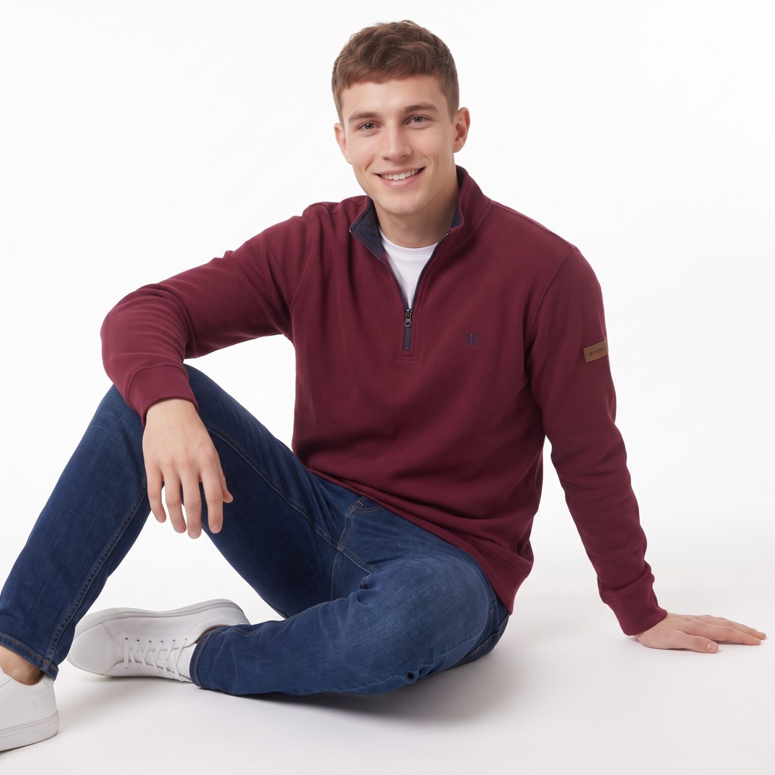 Men's Burgundy Quarter-Zip Waffle Jumper - Brendan