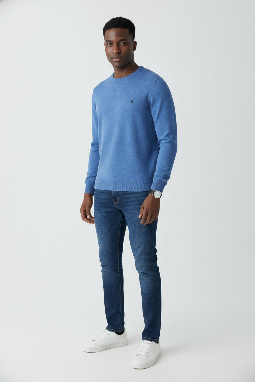 men's mid blue crew neck knit jumper - ariana