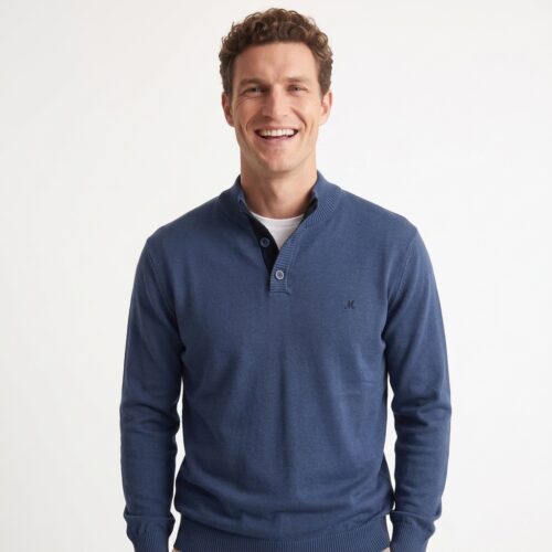 Men's Blue Button Knit Jumper - Saab Ocean